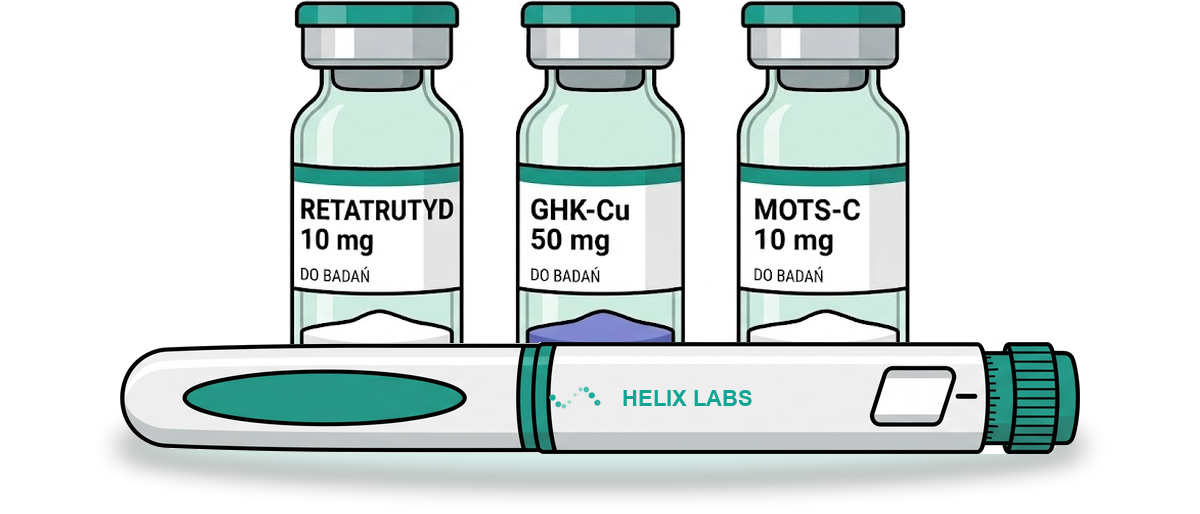 Fiolki z liofilizatem: retatrutyd 10 mg, GHK-Cu 50 mg, MOTS-C 10 mg, oraz wstrzykiwacz Helix Labs